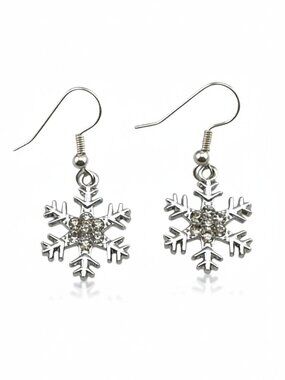 Snowflake Dangle Earrings | Silver Plated | Rhinestone Winter Holiday Gift